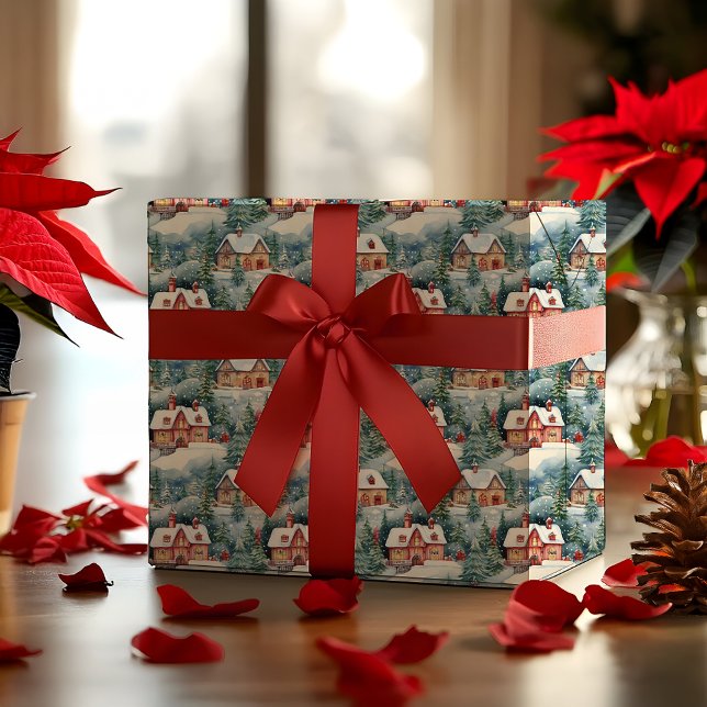 Papel De Regalo Vacaciones de Navidades de Villa Suiza en Invierno (Snowy Winter Wonderland Swiss Village Landscape Christmas Holiday Multi-Colored Wrapping Paper)