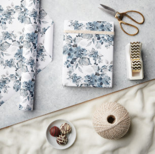 Papel De Regalo Vacaciones de patrón floral azul y gris acuarela