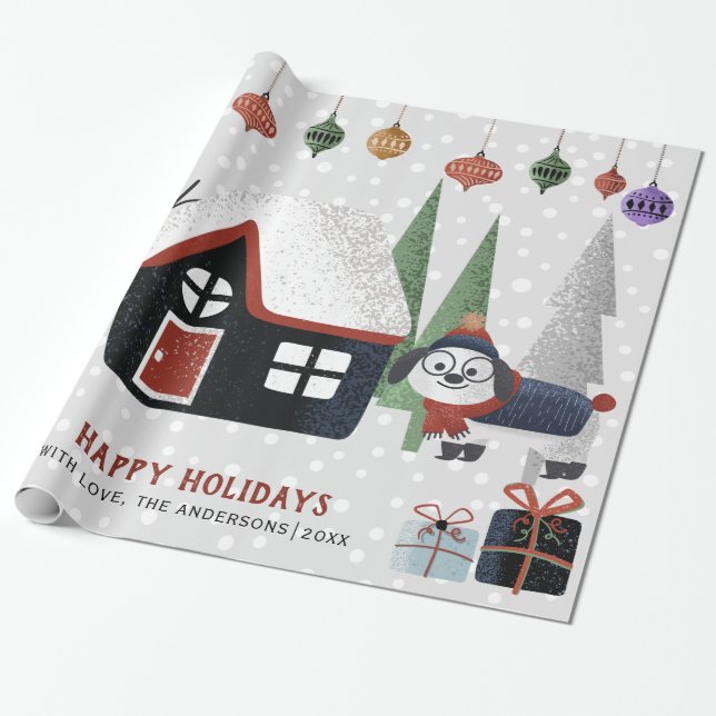 Papel De Regalo Vacaciones de perros de invierno, árboles y Navida (Desenrollado)