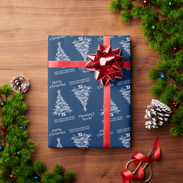 Papel De Regalo Vacaciones en árbol de Navidad azul y blanco (Regalo de vacaciones)