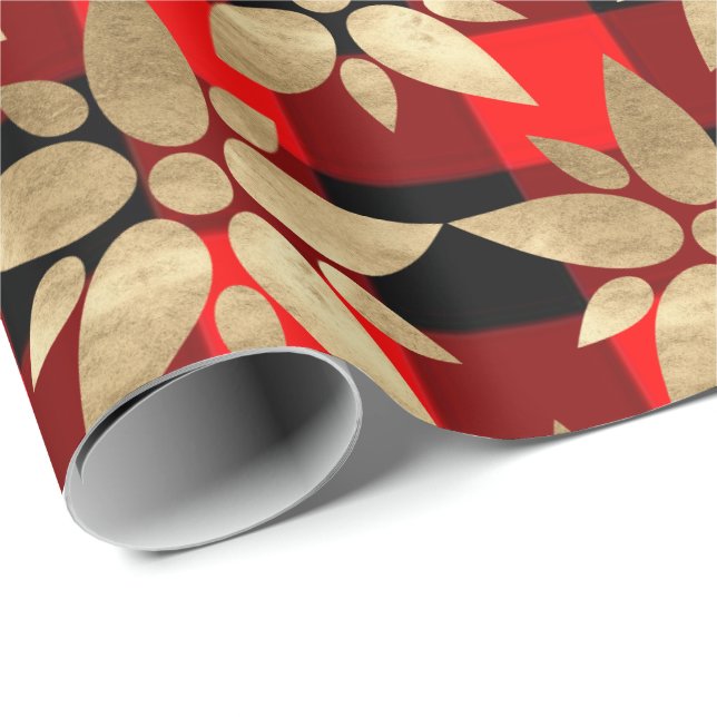 Papel De Regalo Vacaciones Feliz Navidad Búfalo Plantado Oro Rojo1 (Esquina del rollo)