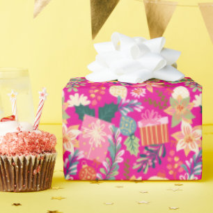 Papel De Regalo vacaciones modernas de navidades retro rosa brilla