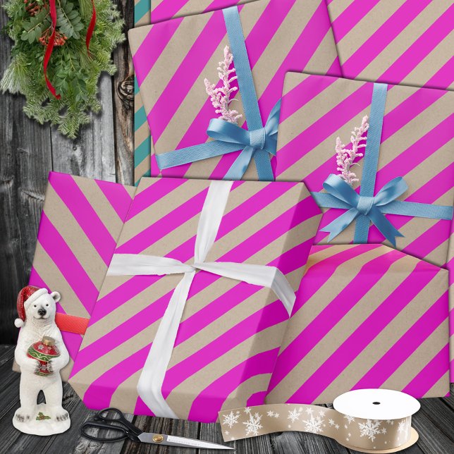 Papel De Regalo Vacaciones rusas de banda ancha rosada caliente Kr (Rustic Kraft Hot Pink Wide Stripe Holiday Wrapping Paper In 6 & 15 foot rolls of 30 inches width)