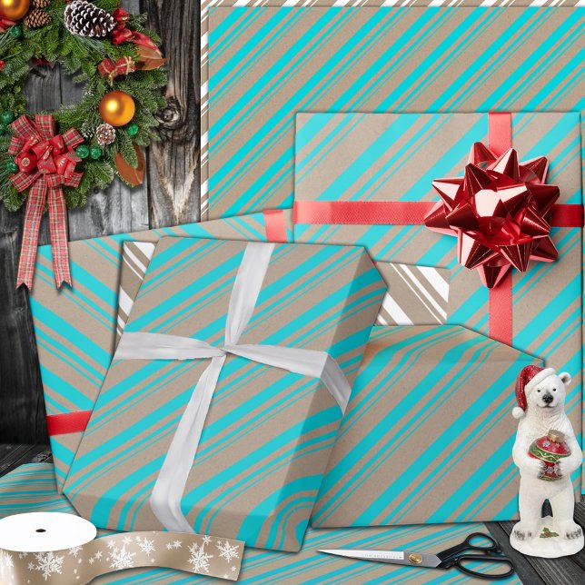 Papel De Regalo Vacaciones rusas de Kraft Turquoise Aqua Blue Stri (Turquoise Blue Candy Cane Stripe Holiday Wrapping Paper Rolls in 6 and 15 foot rolls.)