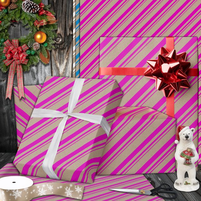 Papel De Regalo Vacaciones rusas de rayas rosadas calientes en Kra (Hot Pink Candy Cane Stripe Holiday Wrapping Paper Rolls in 6 and 15 foot rolls.)