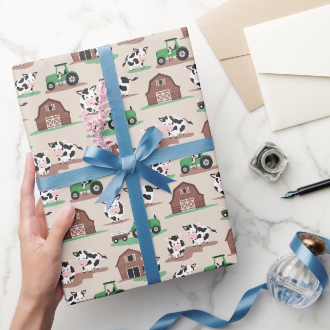 Papel De Regalo Vacas en el granero y los tractores Tan y Verde (Regalar)