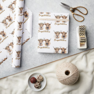 Papel De Regalo Vacas Highland de boda en acuarela