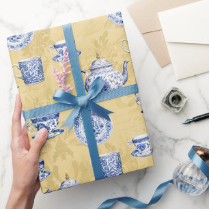 Papel De Regalo Vajilla azul blanca chinoiserie vintage dorada