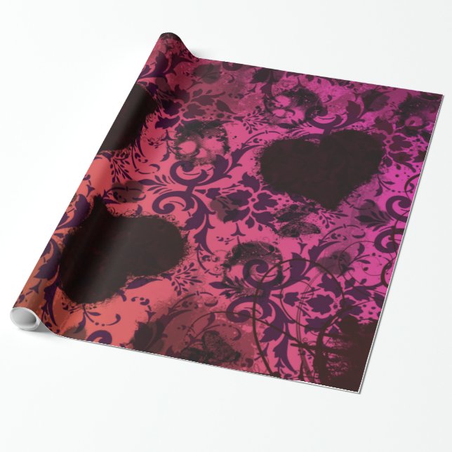 Papel De Regalo Valentín Grunge Damask Naranja Rosa (Desenrollado)