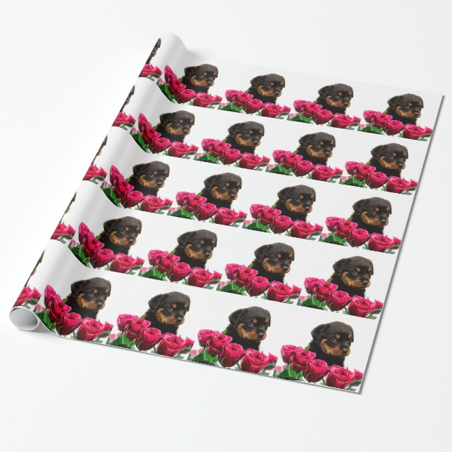 Papel De Regalo Valentine Rosa Rottweiler Puppy (Desenrollado)