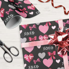 Papel De Regalo Valentine's Day Hearts and Ribbons Pink Red Black