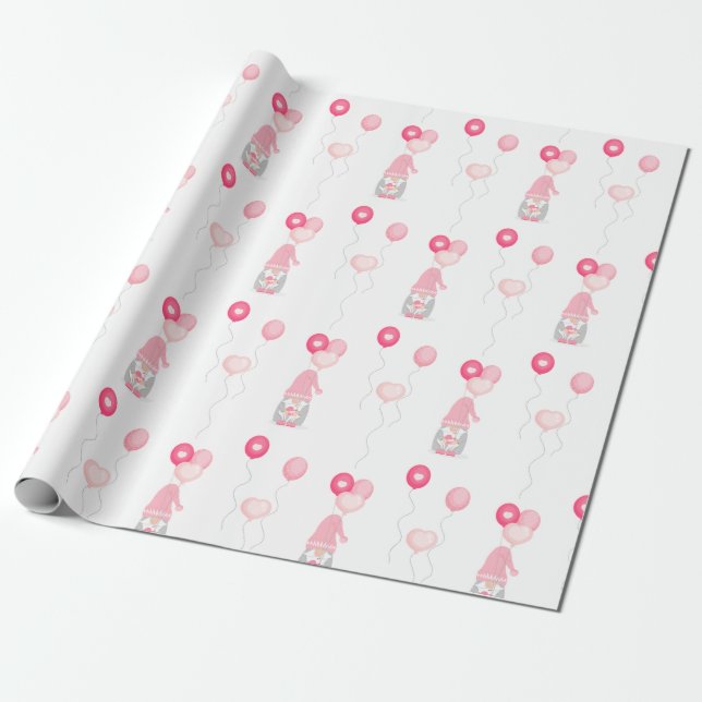 Papel De Regalo Valentines Gnome sostiene globos (Desenrollado)