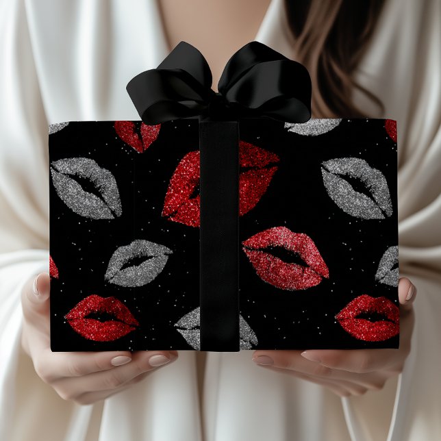 Papel De Regalo Valentines Red Silver Glitter Lips on Black  (Subido por el creador)