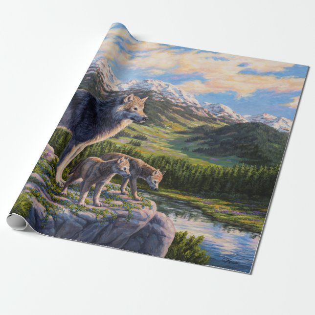 Papel De Regalo Valle del Río de las Montañas Madre Lobo y Pups (Desenrollado)