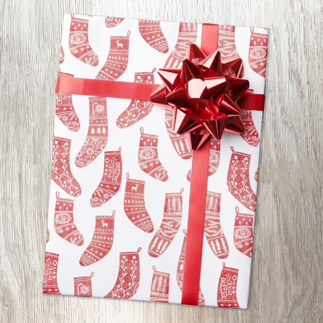 Papel De Regalo Valores nórdicos Navidades escandinavos rojo blanc (Nordic Stockings red and white Scandinavian folk art pattern Christmas gift wrapping paper roll)