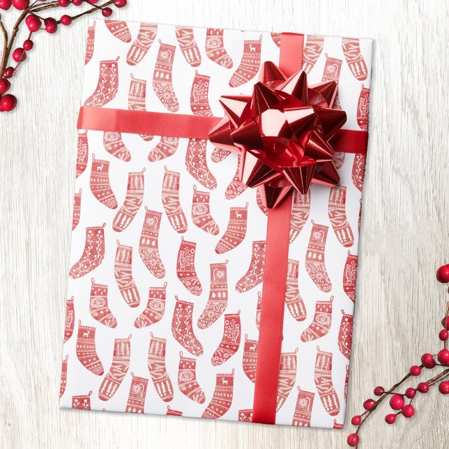 Papel De Regalo Valores nórdicos Navidades escandinavos rojo blanc (Nordic red and white Christmas Stocking pattern gift wrap)