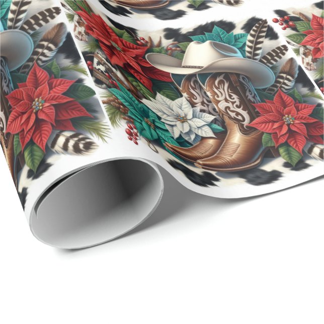 Papel De Regalo Vaquero occidental bota vaca floral esconde Navida (Esquina del rollo)