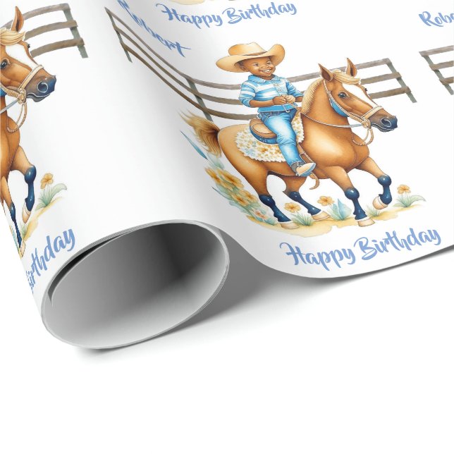 Papel De Regalo Vaquero occidental en cumpleaños personalizado de  (Esquina del rollo)