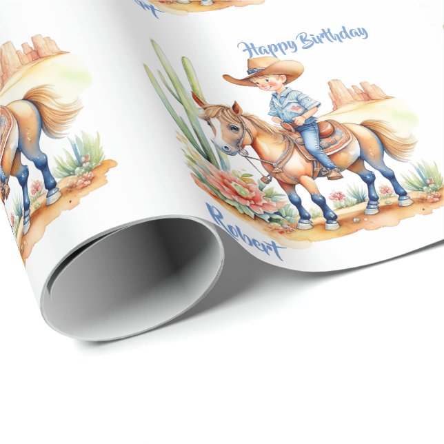Papel De Regalo Vaquero occidental en cumpleaños personalizado de  (Esquina del rollo)