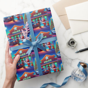 Papel De Regalo Vaquero Santa y la policía mirando la lista de tra