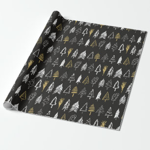 Papel De Regalo Variedad de árbol de Navidad - Negro, Blanco y Or