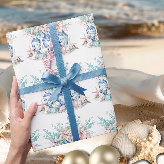 Papel De Regalo Vasos Chinoiserie con Eucalyptus y Poinsettias (Chinoiserie Vases with Eucalyptus & Poinsettias Wrapping Paper)