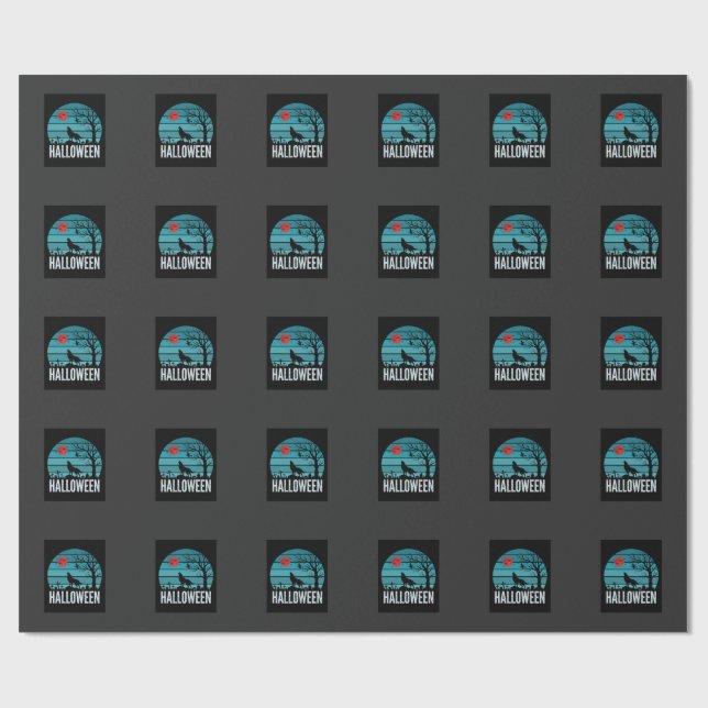 Papel De Regalo Vector Luna Cementerio Lobo Halloween (Superficie plana)