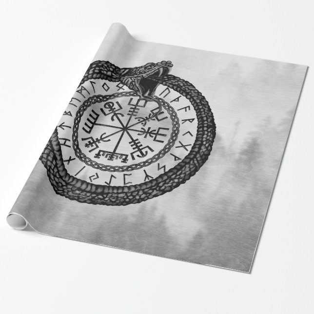 Papel De Regalo Vegvisir con Ouroboros y runas - escala de grises (Desenrollado)