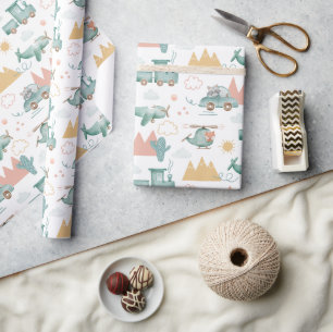 Papel De Regalo Vehículos y animales graciosos. Patrón de bebé par