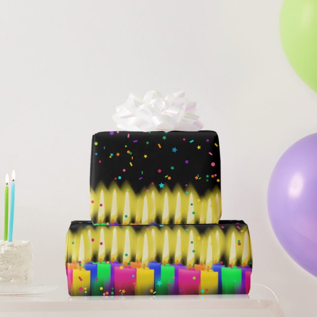 Papel De Regalo Velas de cumpleaños y confetti en negro (Regalos de fiesta)