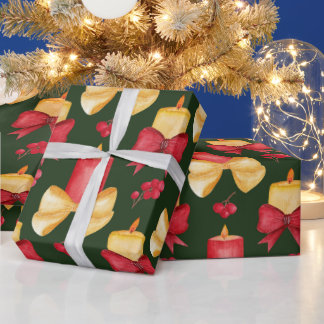 Papel De Regalo Velas de Navidad, bayas y cintas