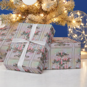 Papel De Regalo Velas de Navidad rosadas vintage en un árbol 