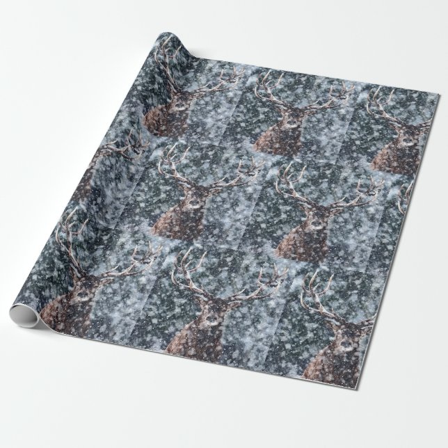 Papel De Regalo Venado de Navidades de nieve de invierno (Desenrollado)