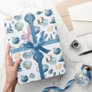 Papel de regalo verano concha marina azul