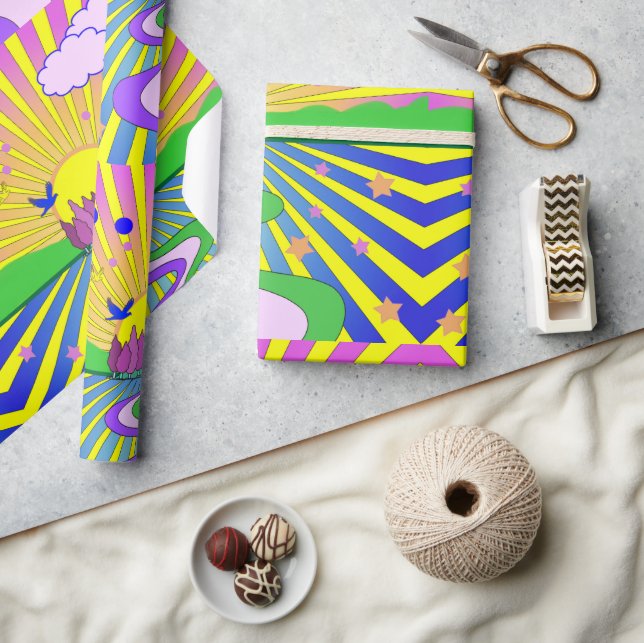 Papel De Regalo Verano de amor Psicodélico Sesenta Sunburst   (Artesanía)