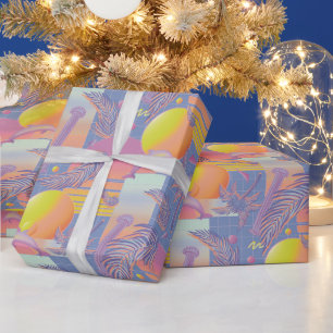 Papel De Regalo Verano morado de vaporolas de sol y palmeras