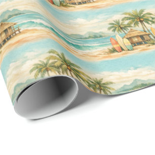 Papel De Regalo Verano Palmas Tropicales Tablas de Surf Antiguas