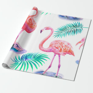 Papel De Regalo Verano tropical con hojas de palmera flamencos y e