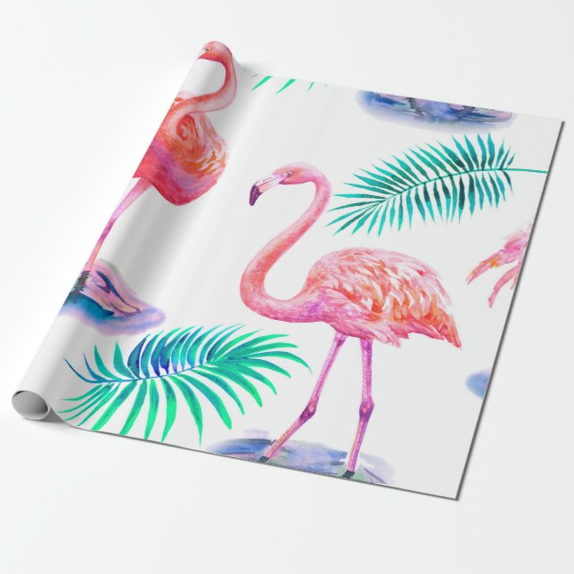 Papel De Regalo Verano tropical con hojas de palmera flamencos y e (Desenrollado)