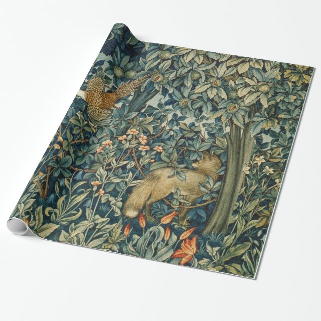 Papel De Regalo VERDAD, ANIMALES FORESTALES Pheasant, Fox, Green F (Desenrollado)
