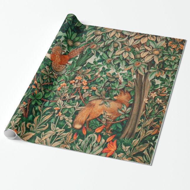 Papel De Regalo VERDAD, ANIMALES FORESTALES Pheasant, Fox, Green F (Desenrollado)