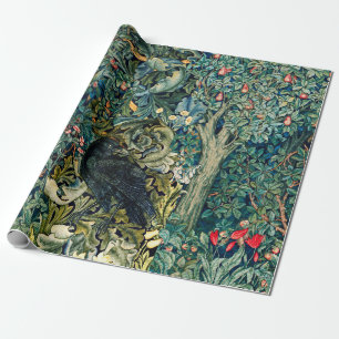 PAPEL DE REGALO VERDAD, ANIMALES FORESTALES, RAVEN EN FLORAL VERDE