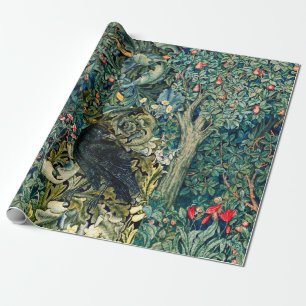 PAPEL DE REGALO VERDAD, ANIMALES FORESTALES, RAVEN EN FLORAL VERDE