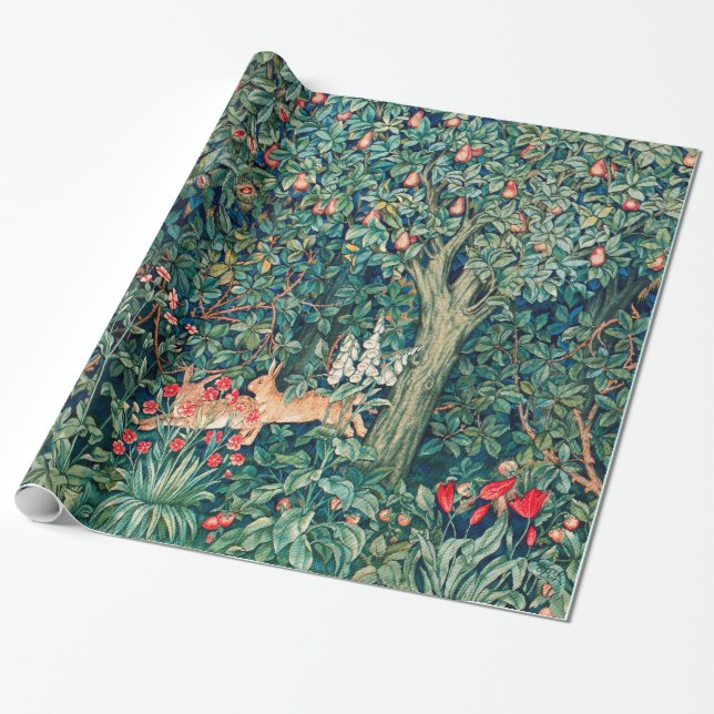 Papel De Regalo VERDAD,Olas de ANIMALES FORESTALES, flor verde (Desenrollado)