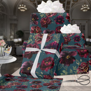 Papel De Regalo Verde azulado burdeos Jewel Tone Burgundy Peony Bo