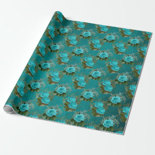 Papel De Regalo Verde azulado de época y Rosa de oro