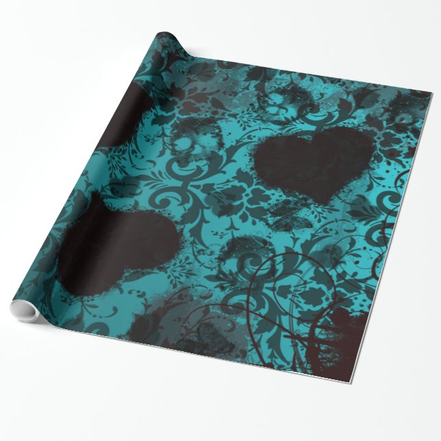 Papel De Regalo Verde azulado Grunge Damask Valentine (Desenrollado)