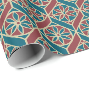 Papel De Regalo Verde azulado, marrón, patrón floral étnico beige