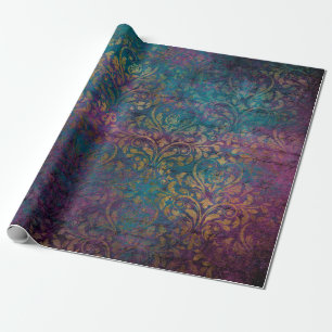 Papel De Regalo Verde azulado morado dorado Damasco