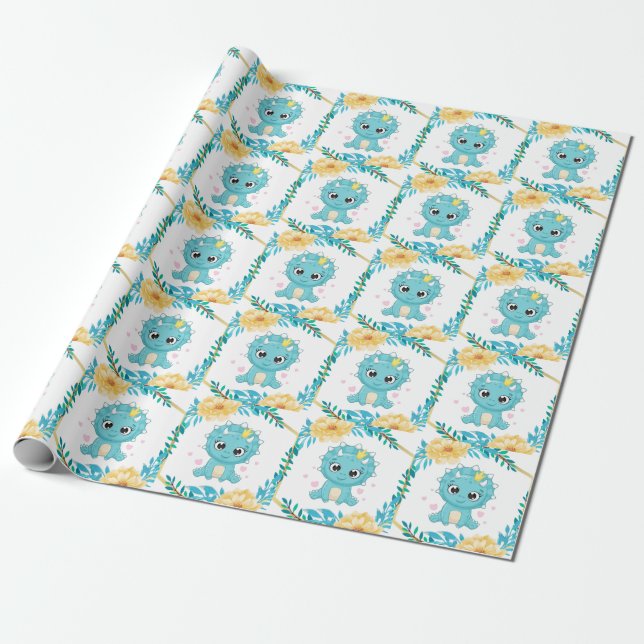 Papel De Regalo Verde azulado Príncipe lindo y dinosaurio amarillo (Desenrollado)